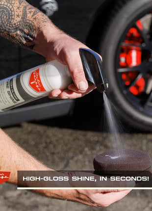 Jay Leno's Garage Tire Shine Delivers long-lasting High Gloss with a Deep Black Wet Look Glow. This Tire Dressing Spray and Car Tire Shine Work as Auto Detailing Care for Wheels and Tires – 16 oz.