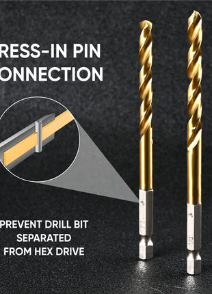 amoolo Hex Shank Drill Bit Set (13Pcs Set Pcs Free), Premium 4341 HSS Titanium Impact Hex Drill Bits for Wood, Steel, Metal, Plastic, Quick Change Design (1/16 -1/4 )