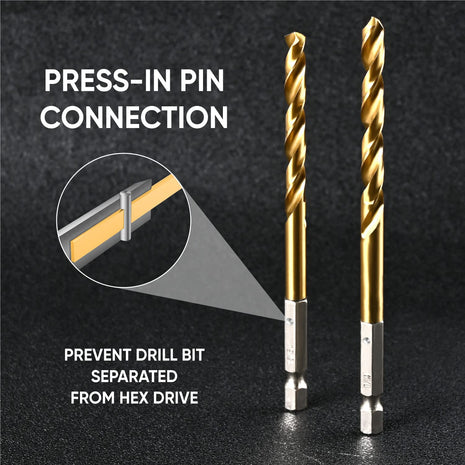 amoolo Hex Shank Drill Bit Set (13Pcs Set Pcs Free), Premium 4341 HSS Titanium Impact Hex Drill Bits for Wood, Steel, Metal, Plastic, Quick Change Design (1/16 -1/4 )