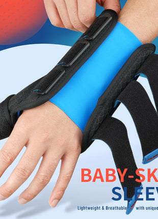 FEATOL Carpal Tunnel Wrist Brace Night Support, Thumb Spica Splint Right Hand for De Quervains Tenosynovitis, Tendonitis, Thumb Brace for Women Men, Black Blue, Small/Medium