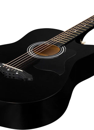 38 inch black beginner acoustic guitar,bundle with a strap with picks holder,digital tuner, set strings, capo,cleaning cloth,6 picks,gig bag.(JG-38C,BK)
