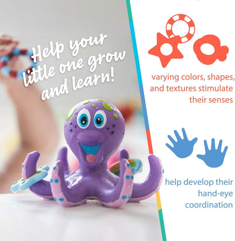 Nuby Floating Octopus with 3 Hoopla Rings - Baby & Toddler Bath Toy - No Hole Design Keeps Moisture Out - Fine Motor Skills - 18+ Months - Great Baby Pool Toys | 3 Hoopla Rings