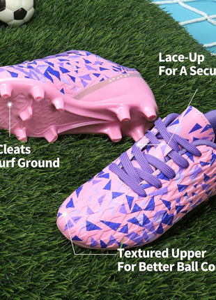DREAM PAIRS Boys Girls Soccer Cleats Youth Firm Groud Athletic Outdoor Trainning Football Shoes for Little/Big Kid,Size 11 Little Kid,Pink/Purple,HZ19003K