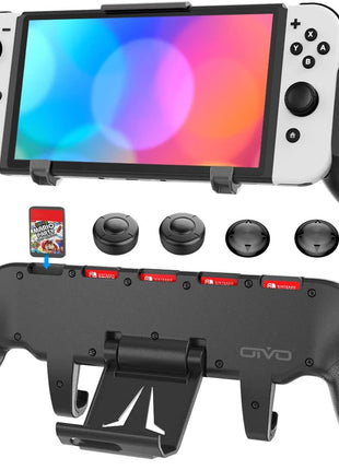 OIVO Switch Grip with Upgraded Adjustable Stand, Asymmetrical Grip with Adjustable Stand and 5 Game Slots-4 Thumb Caps Included
