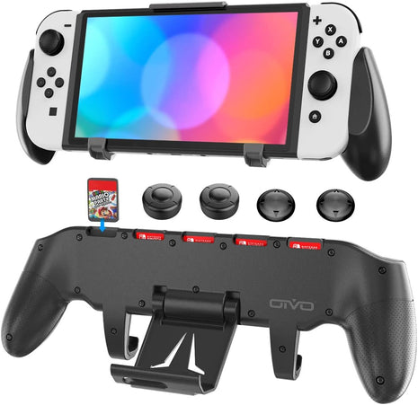 OIVO Switch Grip with Upgraded Adjustable Stand, Asymmetrical Grip with Adjustable Stand and 5 Game Slots-4 Thumb Caps Included