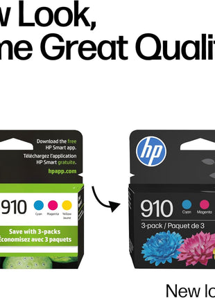 HP 910 Cyan, Magenta, Yellow Ink Cartridges | Works with HP OfficeJet 8010, 8020 Series, HP OfficeJet Pro 8020, 8030 Series | Eligible for Instant Ink | 3YN97AN, 3 Count (Pack of 1)