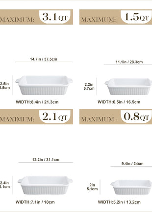 MALACASA Casserole Dishes for Oven, Ceramic Baking Dishes Set of 4, White | Rectangular Deep Lasagna Pans with Handles for Roasting Vegetable, Cake, Durable Bakeware, Wedding Gift(9.4/11.1/12.2/14.7")