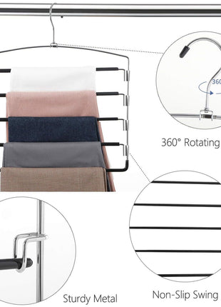 FeeraHozer Pants Hangers Non Slip 3 Pack Space Saving Hangers Multi-Layer Swing Arm Pants Hanger Stainless Steel Space Saver Hanger Closet Storage Organizer for Jeans Trouser Slacks Clothes (Black)