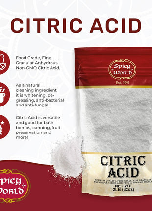 Citric Acid 2 LB Bag - 100% Pure, Food Grade & Non-GMO - Citric Acid Powder For Cleaning, Bath Bombs, Preserving - Fine Granular by Spicy World