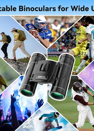 300x25 Binoculars for Adults and Kids, High Powered Mini Pocket Binoculars with Phone Adapter, Waterproof Compact Telescope for Bird Watching, Hunting, Concert, Theater, Opera, Traveling, Sightseeing