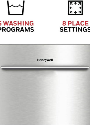 Honeywell 18-Inch Dishwasher with 8 Place Settings, 6 Washing Programs, Stainless Steel Tub, UL & Energy Star Certified, Stainless Finish