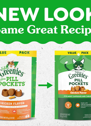 Greenies Feline Pill Pockets for Cats Natural Soft Cat Treats, Chicken Flavor, 3 oz. Pouch (85 Treats)