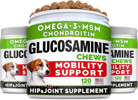 (Pack of 3) Glucosamine Treats for Dogs - Joint Supplement w/Omega-3 Fish Oil - Chondroitin, MSM - Advanced Mobility Chews - Joint Pain Relief - Hip & Joint Care - Chicken Flavor - Made in USA