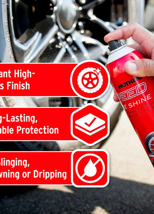 Mothers Speed Tire Shine, 15 oz. Aerosol — Long-Lasting, High-Gloss  inchJust Dressed inch Finish — No Sling, Browning or Run, Fast & Easy Application — Micro-Emulsion Resins, Premium Silicones (16915)