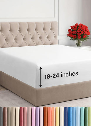 Extra Deep Queen Fitted Sheet - Hotel Luxury Single Fitted Sheet Only - Easily Fits 18 inch to 24 inch Mattress - Ultra Soft, Wrinkle Free w/Extra Deep Pockets - Easy-Care, Breathable & Comfy - White