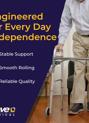 Drive Medical Two-Button Folding Walker with Wheels, Height Adjustable | Two-Button Rolling Walker Features Dual Push-Button Operation, Adjustable Height and Durable Aluminum Frame