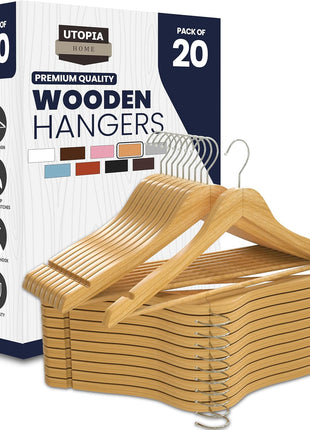 Utopia Home Wooden Hangers 20 Pack – Slim Suit Hangers Natural | 360° rotatable hook | Shoulder grooves | Durable & slim design | Ideal for suits, coats & jackets