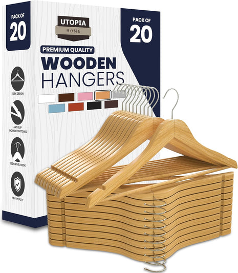 Utopia Home Wooden Hangers 20 Pack – Slim Suit Hangers Natural | 360° rotatable hook | Shoulder grooves | Durable & slim design | Ideal for suits, coats & jackets