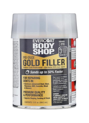 Evercoat Body Shop 105005 Pro-Grade Gold Filler Sands up to 50% Faster, Multipurpose for Dents in Aluminum, Fiberglass & More, Easy Mix Hardener Included 13 Fl Oz.