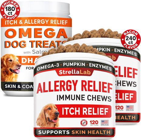 Omega 3 + Allergy Relief Dogs Bundle - Allergy & Itch Relief Skin&Coat Supplement + Itchy Skin Treatment - Omega 3 & Pumpkin - Hot Spots Treatment + Itching & Licking Treats - 420 Chews - Made in USA