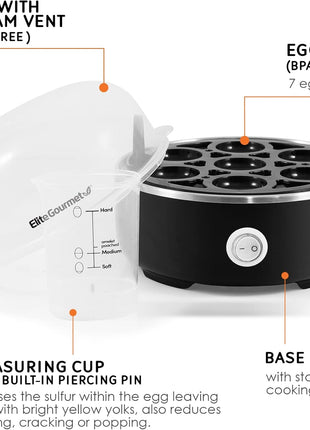 Elite Gourmet EGC115B Easy Egg Cooker, 7-Egg, BPA-Free, Classic Black | Cooks soft, medium, or hard-boiled eggs with auto shut-off - electric operation - includes measuring cup