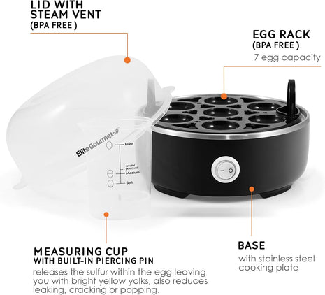Elite Gourmet EGC115B Easy Egg Cooker, 7-Egg, BPA-Free, Classic Black | Cooks soft, medium, or hard-boiled eggs with auto shut-off - electric operation - includes measuring cup