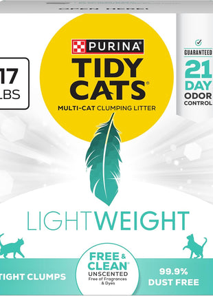 Purina Tidy Cats LightWeight Free and Clean Unscented, Multi-Cat, Clumping, 99.9 Percent Dust Free Cat Litter - 17 lb. Box