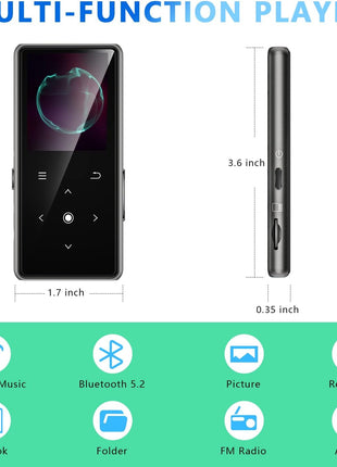 64GB MP3 Player with Bluetooth 5.2, AiMoonsa Music Player with Built-in HD Speaker, FM Radio, Voice Recorder, HiFi Sound, E-Book, Earphones Included