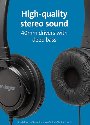 Kensington USB-A Hi-Fi Headphones, On-Ear Headset, 6ft Cord, for Kids, for Adults, for School, Padded Adjustable Headband (K97600WW), Black