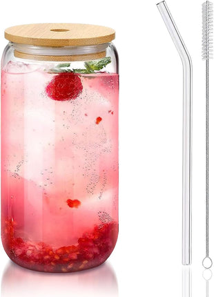 Glass Cups with Lids and Straws 1 Pack, 16 oz Glass Coffee Cup with Bamboo Lid, Glass Straw and Cleaning Brush, Iced Coffee Cup for Matcha, Soda, Tea and Daily Drinks