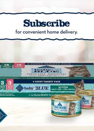 Blue Buffalo Baby Blue Natural Kitten Wet Cat Food Paté Variety Pack, Healthy Growth Formula with DHA, High-Protein & Grain-Free, Chicken and Salmon Recipes, 3-oz Cans (6 Count, 3 of Each) (Pack of 4)