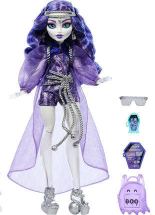 Monster High Spectra Vondergeist Doll | Ghost in Purple Clothes, Includes Pet Ferret Rhuen, 7 Accessories like Backpack, Tablet, Snacks and More (Amazon Exclusive)