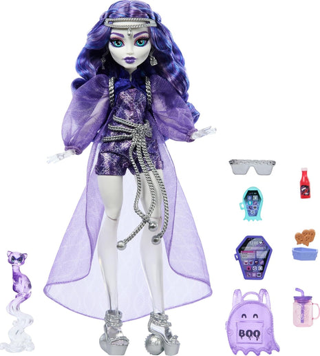 Monster High Spectra Vondergeist Doll | Ghost in Purple Clothes, Includes Pet Ferret Rhuen, 7 Accessories like Backpack, Tablet, Snacks and More (Amazon Exclusive)