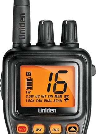 Uniden MHS75 Waterproof Handheld 2-Way VHF Marine radio, Submersible, Selectable 1/2.5/5 Watt Transmit Power. All USA/International and Canadian Marine Channels - Color Black