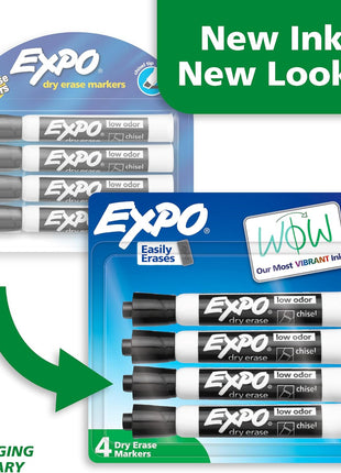 EXPO Dry Erase Markers, Low Odor Ink, Black, Chisel Tip, 4 Count - Whiteboard, Calendar, Organization, Essential Supplies for Office, School, Classroom, Teachers