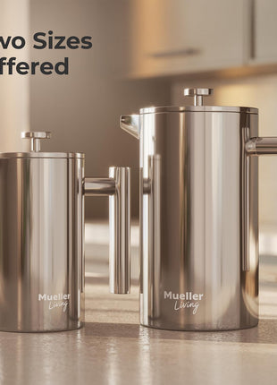 MuellerLiving French Press Coffee Maker 34oz, Stainless Steel French Press Coffee, 4 Filter Heat Resistant Double Insulated, Rust Free, Food Grade, Dishwasher Safe Coffee Pot