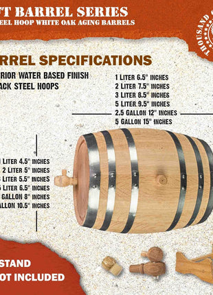 2 Liter Oak Aging Barrel with Wood Stand, Bung & Spigot   Mini Whiskey Barrels for The Home Alcohol Distiller, Moonshiner & Winemaker   Age Cocktails, Bourbon, Whisky, Tequila, Rum, Mead Wine (2L)
