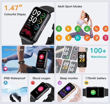 Fitness Trackers,Heart Rate Blood Oxygen Sleep Monitor,1.47'' OLED Display,Calorie Pedometer Steps Counter Activity watchs,Smart Band 24/7 Health Monitoring(Black)