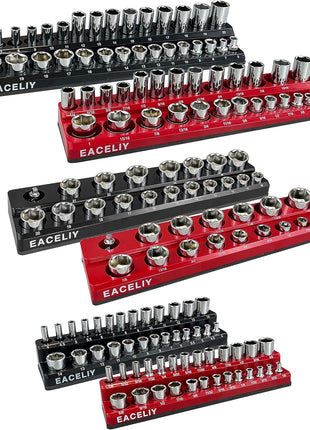 6-Piece Magnetic Socket Organizer Set, 1/2 inch, 1/4 inch and 3/8 inch SAE & Metric Deep & Shallow Socket Holder Kit, holds 141 stanard Sockets, attaches to steel box/tool cart (sockets not included)