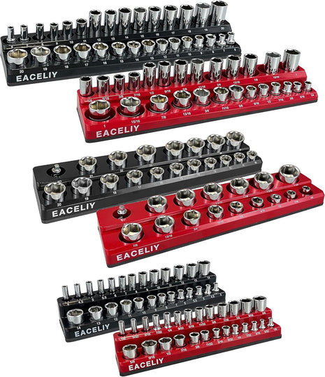 6-Piece Magnetic Socket Organizer Set, 1/2 inch, 1/4 inch and 3/8 inch SAE & Metric Deep & Shallow Socket Holder Kit, holds 141 stanard Sockets, attaches to steel box/tool cart (sockets not included)