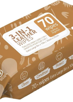 Air Jungles 3in1 Leather Cleaner Wipes 70 Count, Extra Large 8 inch x 10 inch Size, Clean Condition Protect Wipes for Vinyl and Leather Apparel Furniture Auto Car Interior Shoes Boots Bags