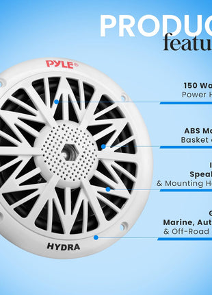 Pyle 5.25 Inch Dual Marine Speakers - 2 Way Waterproof and Weather Resistant Outdoor Audio Stereo Sound System with 150 Watt Power, Poly Carbon Cone, Cloth Surround and Low Profile Design - 1 Pair