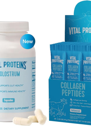 Vital Proteins Collagen Peptides Powder Travel Packs (20ct per Box) and Bovine Colostrum Supplement 90 Capsules