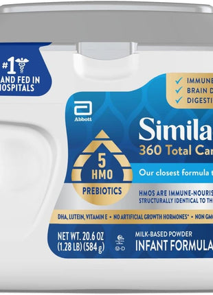Similac 360 Total Care Baby Formula Powder, Exclusive 5 Prebiotic Blend | Infant formula designed to support baby's immune system, brain development & digestive health, in one 20.6 oz tub