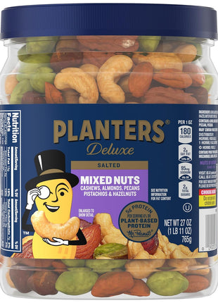 PLANTERS Deluxe Mixed Nuts with Sea Salt, 27 oz Resealable Container - Variety Mixed Nuts Snacks with Cashews, Almonds, Pecans, Pistachios & Hazelnuts - Energy Boost - Kosher