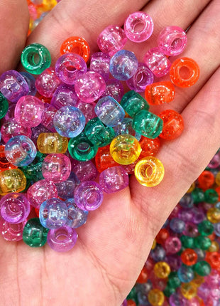 Amaney 500 Pieces Glitter Pony Beads 6x9mm Mixed Colors Transparent Plastic for Hair Braids Jewelry Making