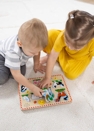 Melissa & Doug Farm Animals Sound Puzzle – 8-Piece Wooden Peg Puzzle with Light-Activated Sounds, Music Learning Toy for Toddlers and Preschoolers Ages 2+