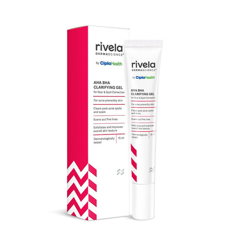 Rivela Dermascience AHA BHA Scar and Spot Correction Gel By Cipla | Clarifying Gel For Acne Prone Skin | Clears Post Acne Spots and Scars | Evens Out Fine Lines | 15 ml | Pack of 1
