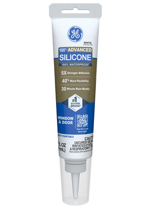 GE Advanced Silicone Caulk for Window & Door, Clear, 2.8 fl oz Tube, 1 Pack - 100% Waterproof Silicone Sealant, 5X Stronger Adhesion, Freeze & Sun Proof