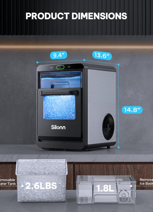 Silonn Nugget Ice Maker Countertop, Crushed Ice Maker & Pebble Ice Machine Produces 44lbs/24h with Front Pull-Out Water Tank & Removable Basket for Home/Kitchen, Stainless Steel